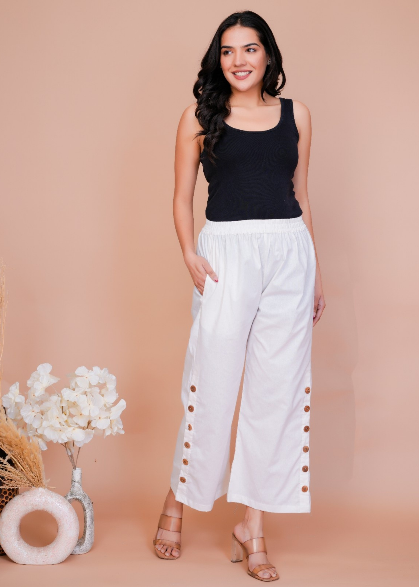 Side Button White Pant