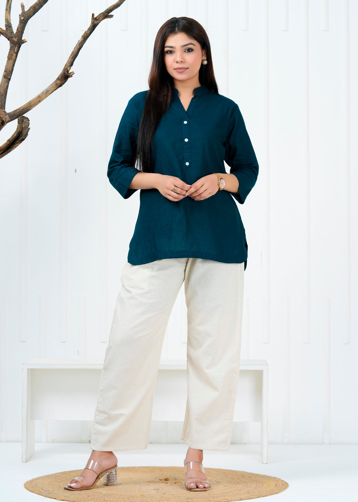 Cotton Linen Teal Blue Short Kurti