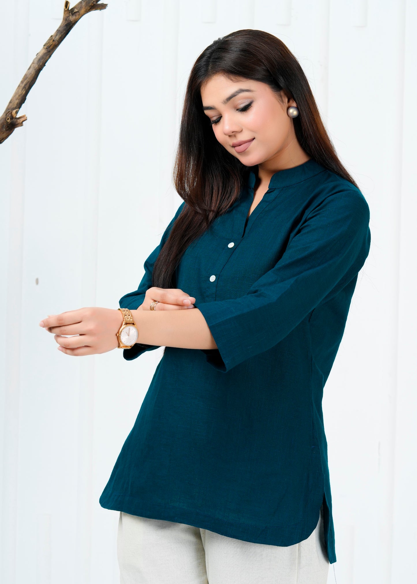 Cotton Linen Teal Blue Short Kurti