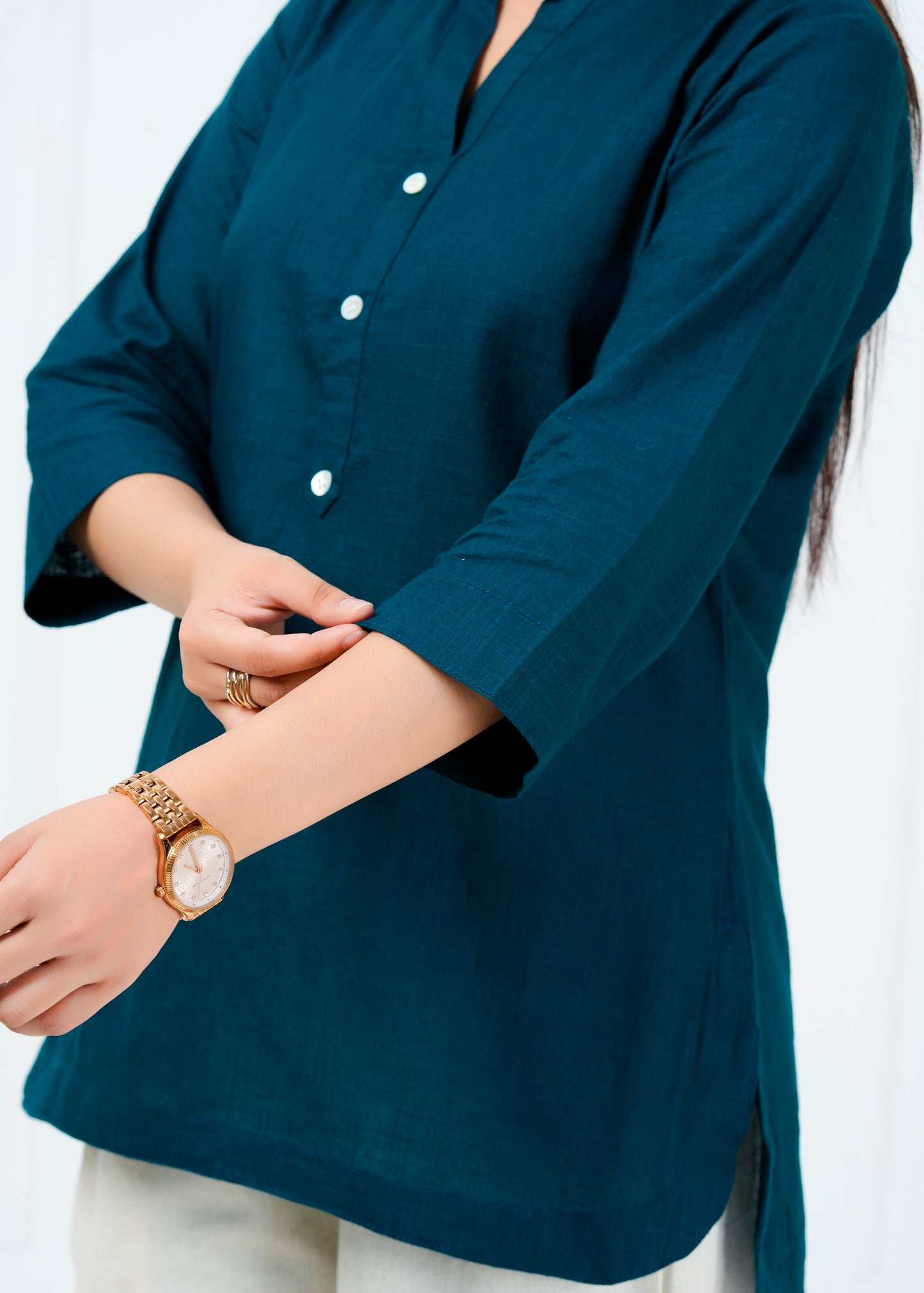 Cotton Linen Teal Blue Short Kurti