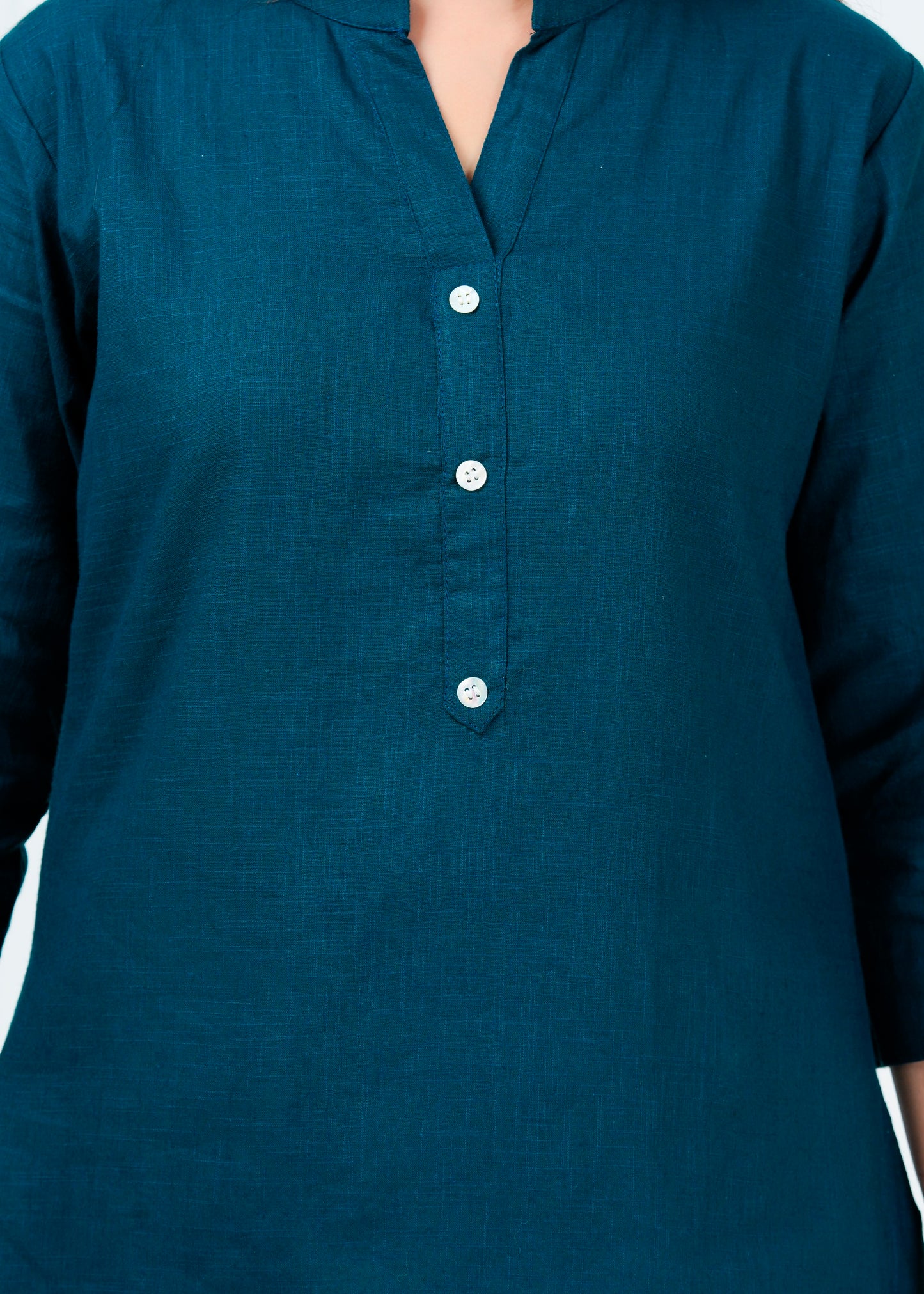 Cotton Linen Teal Blue Short Kurti
