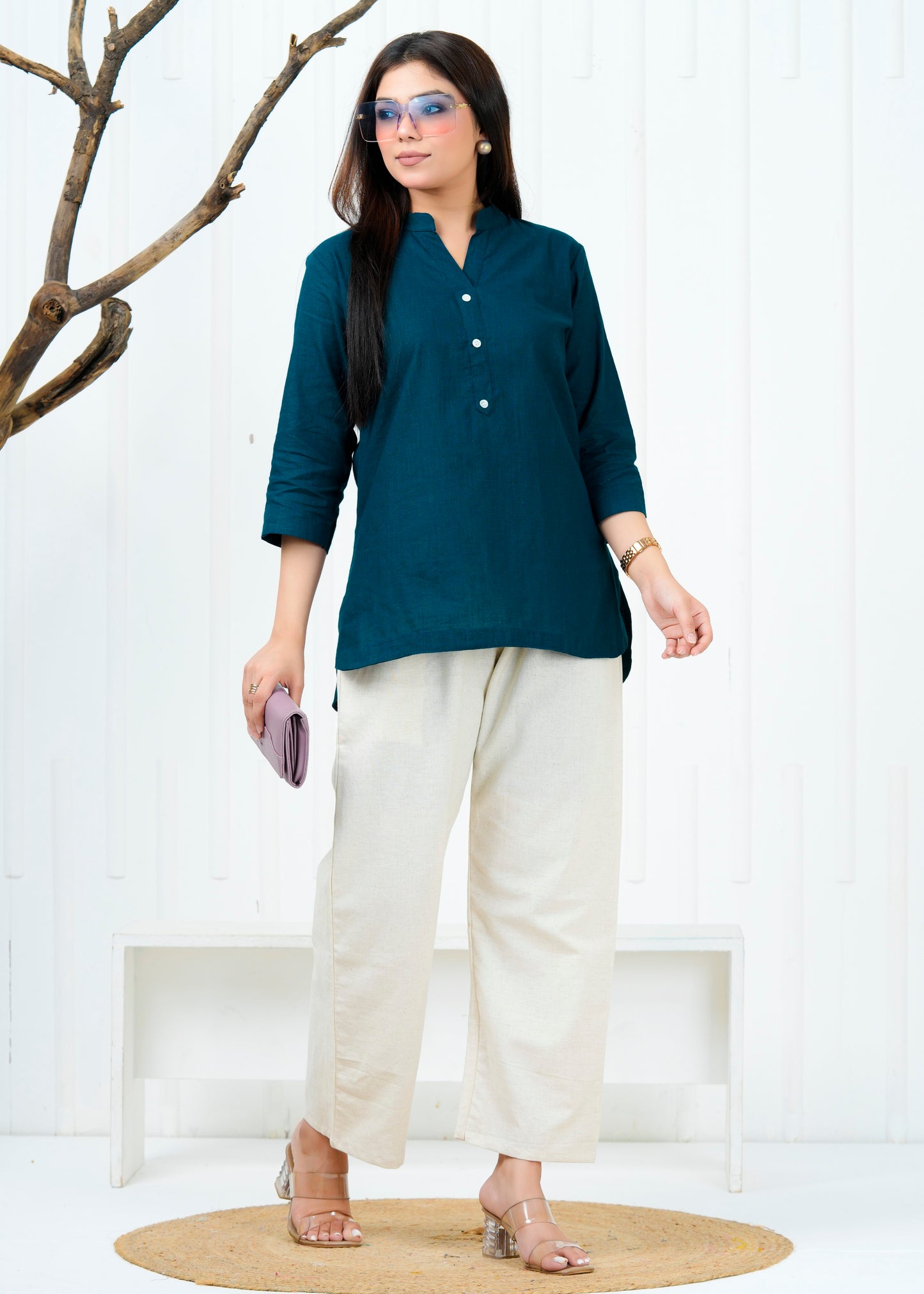Cotton Linen Teal Blue Short Kurti