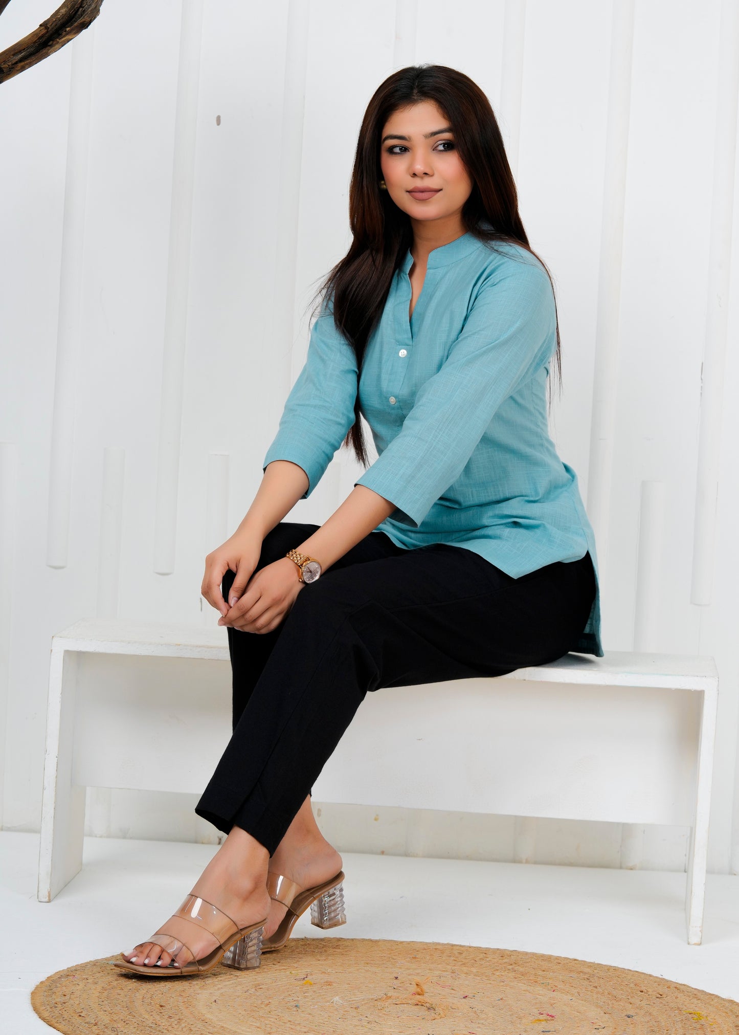 Cotton Linen Cadet Sky Blue Short Kurti