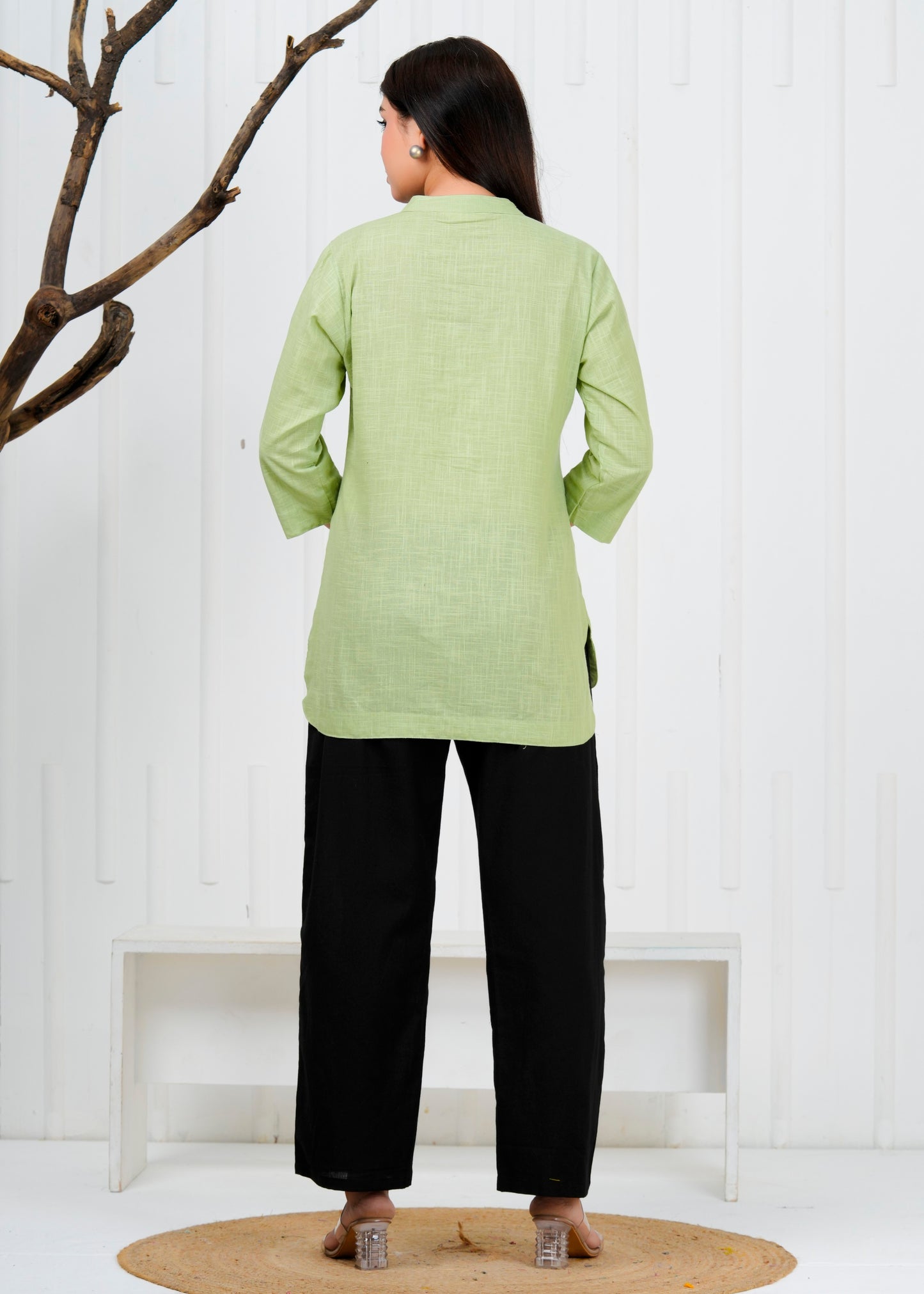 Cotton Linen Mint Green Short Kurti