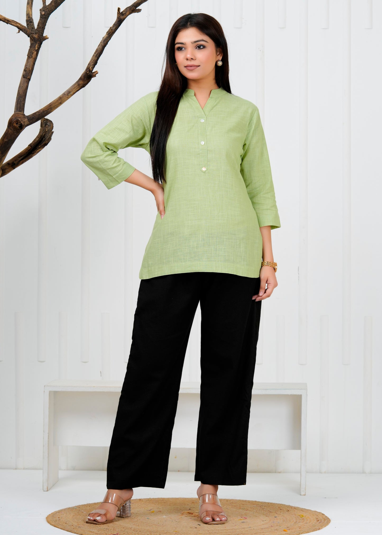 Cotton Linen Mint Green Short Kurti