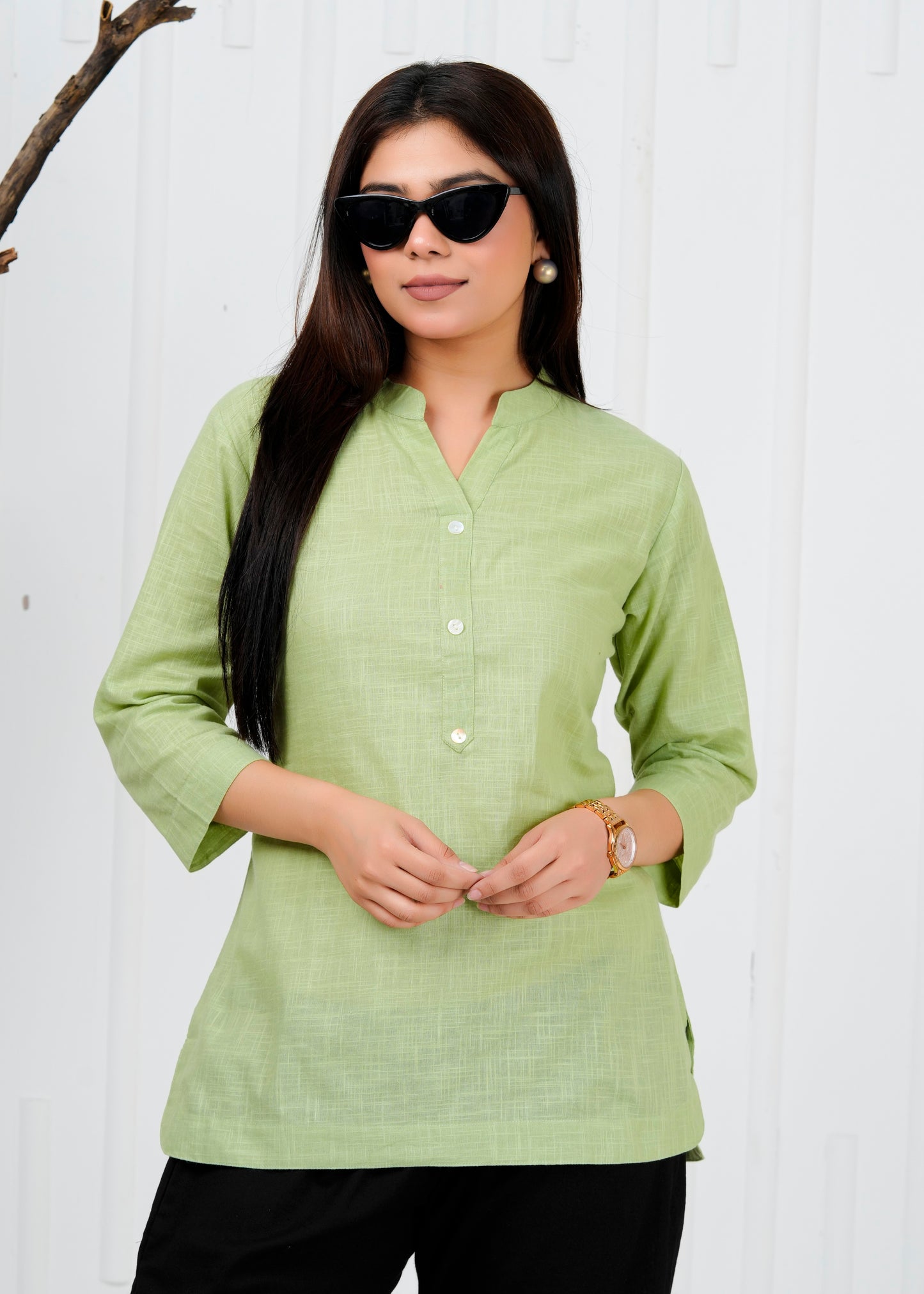 Cotton Linen Mint Green Short Kurti