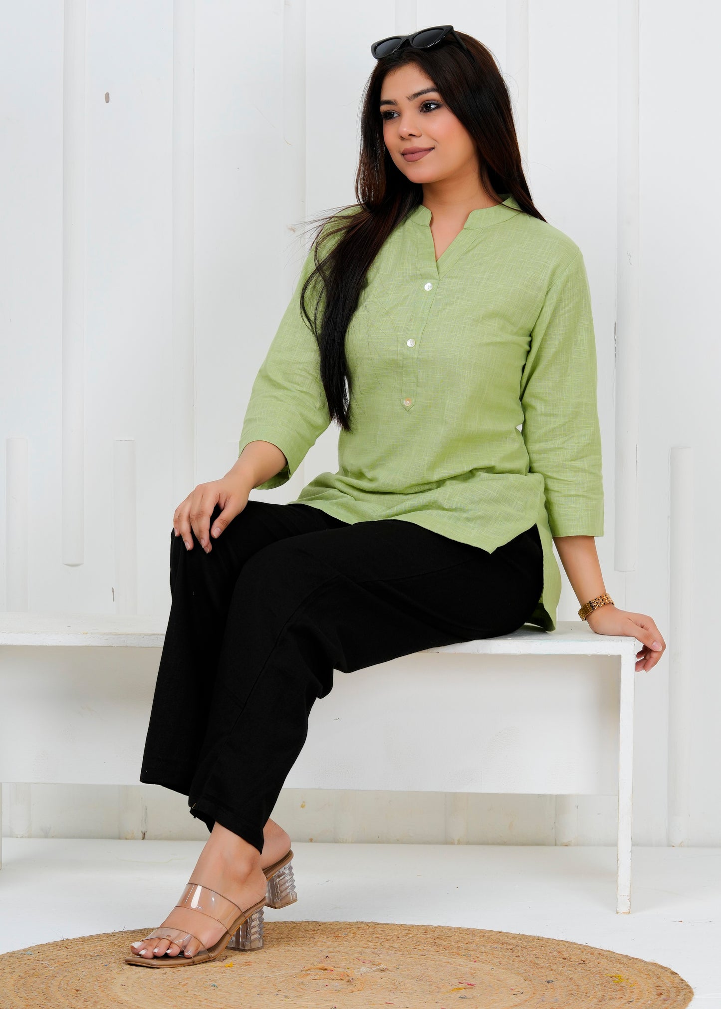 Cotton Linen Mint Green Short Kurti