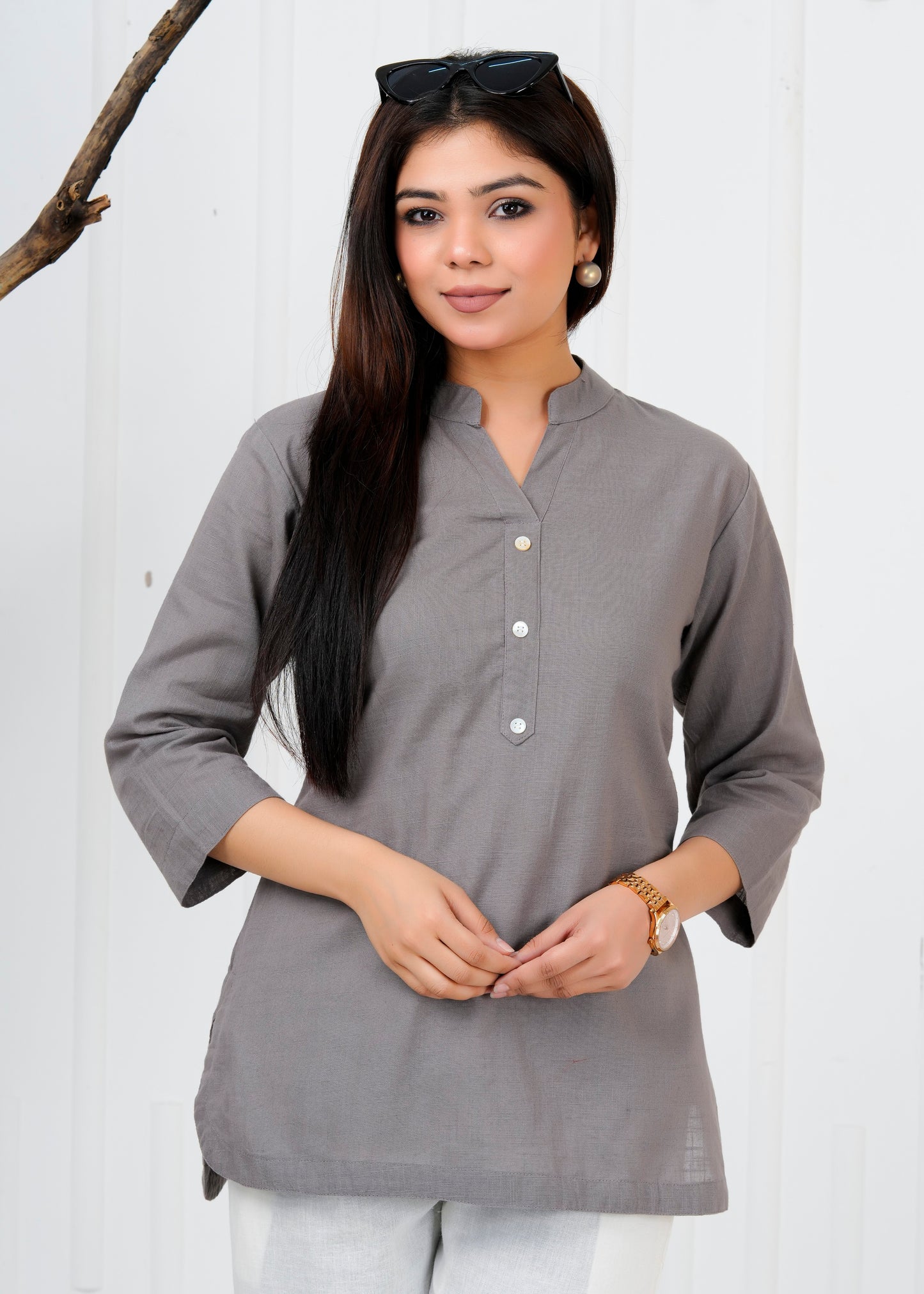 Cotton Linen Grey Short Kurti