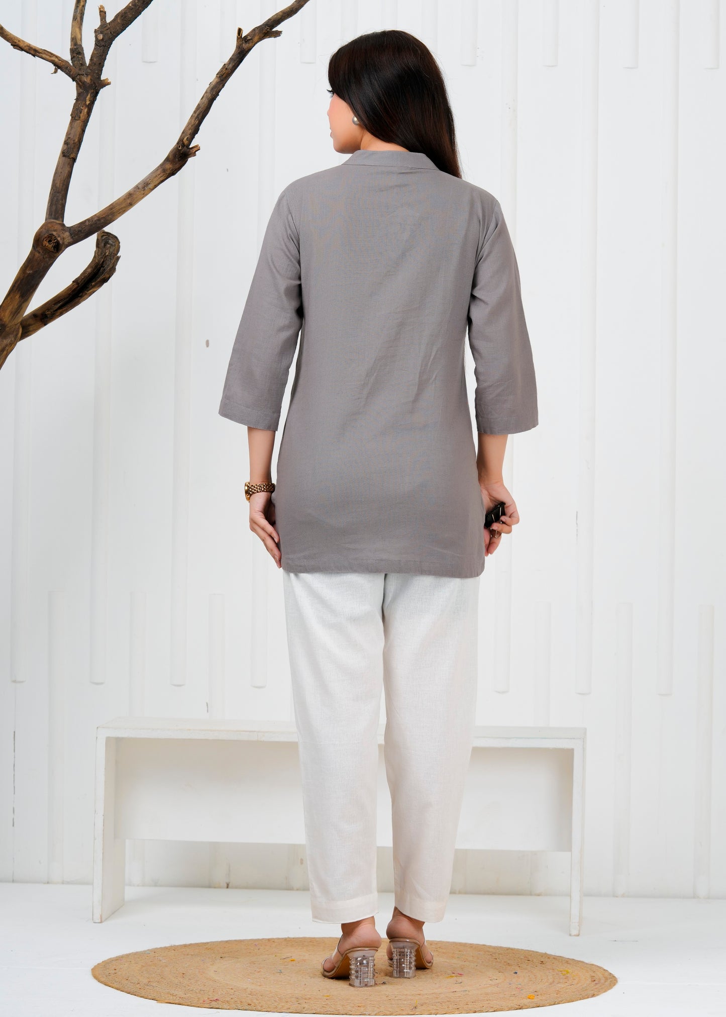 Cotton Linen Grey Short Kurti