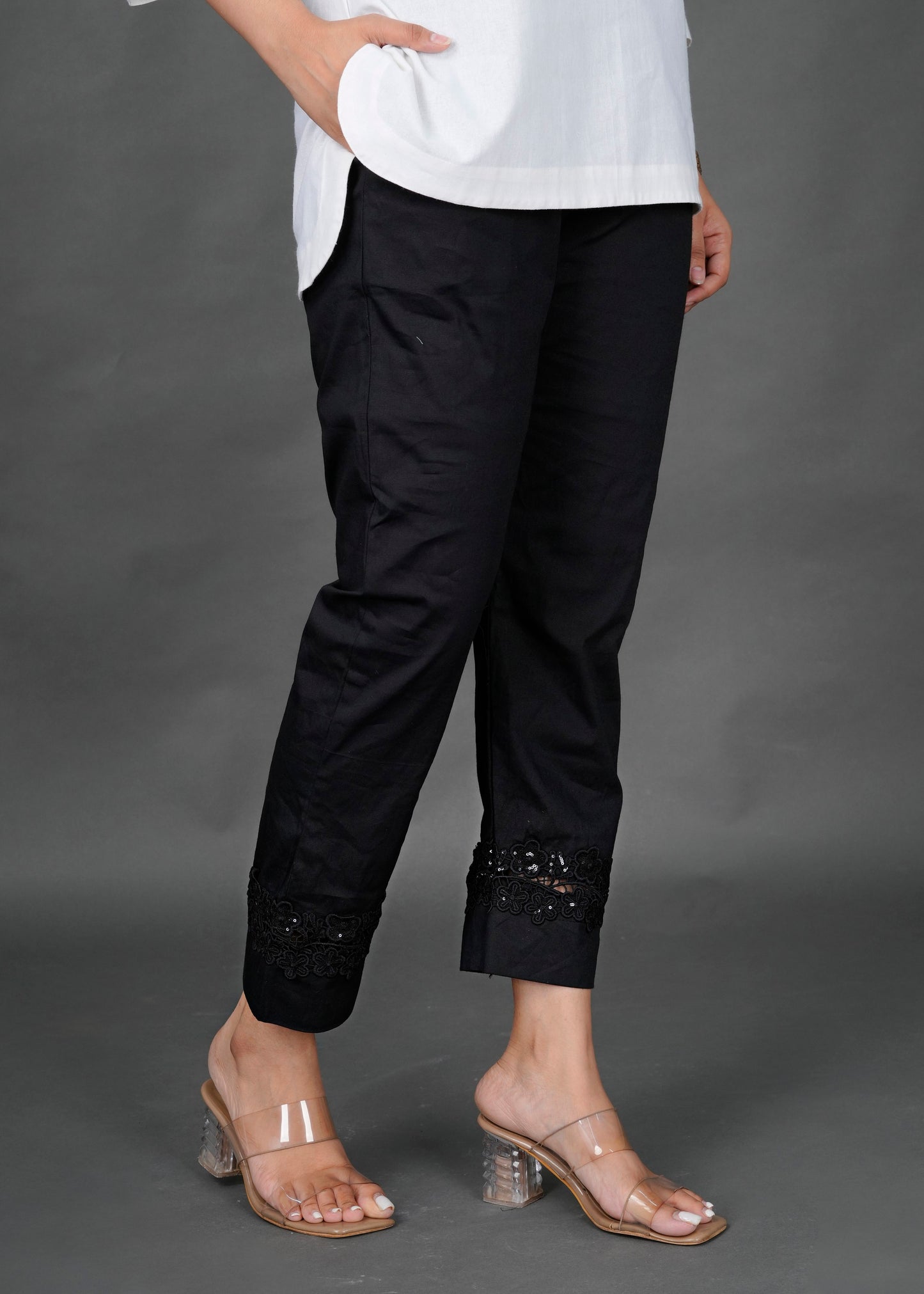 White Kurti with Black Lace Pant
