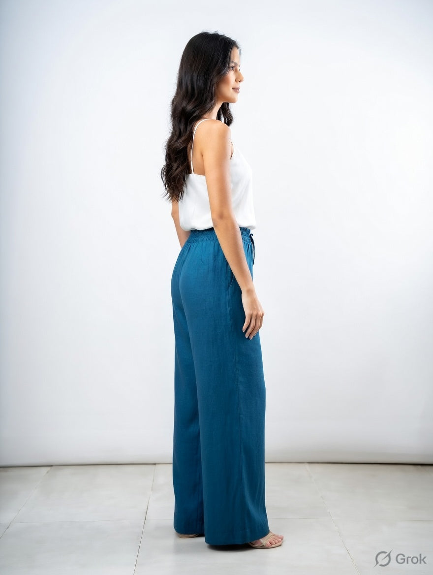 Pecock Blue Cotton Wide Leg Pant