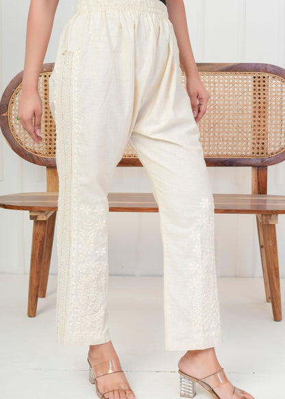 Elegant Cream Embroidered Pant
