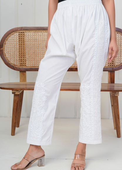 White Embroidered Straight Pant
