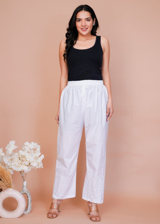 Wide Leg Embroidery White Pant