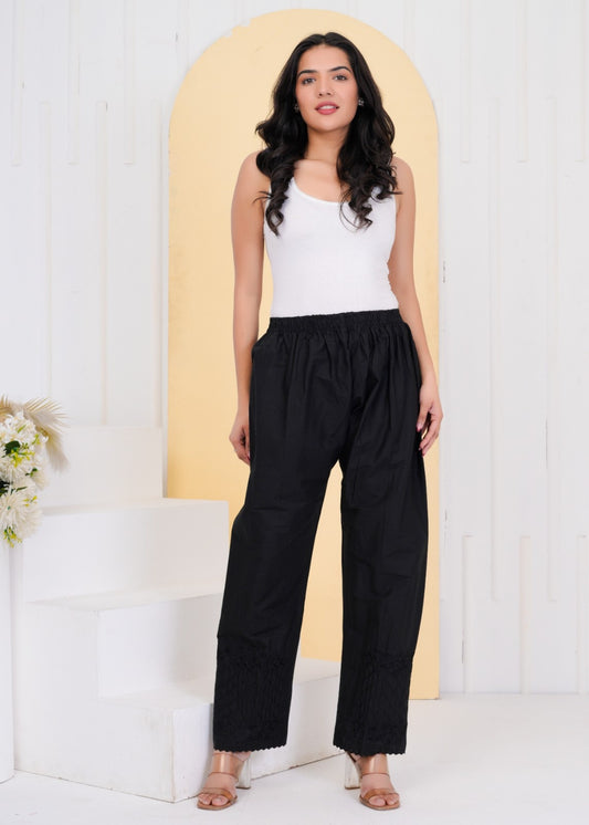 Wide Leg Embroidery Black Pant