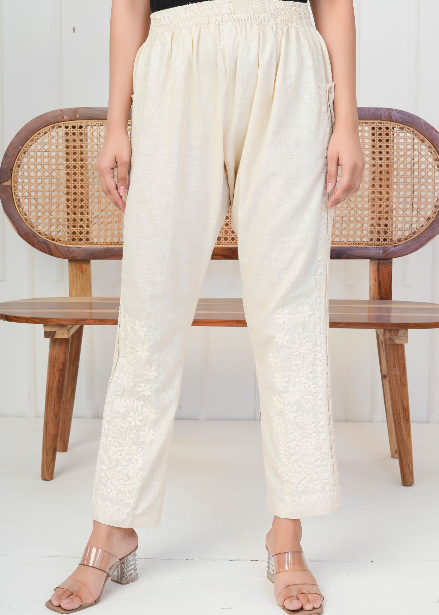 Elegant Cream Embroidered Pant