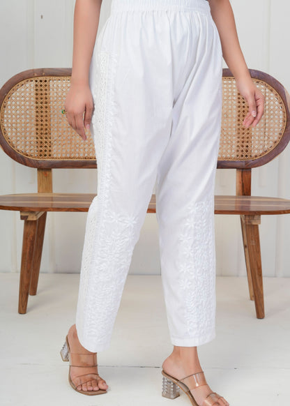 White Embroidered Straight Pant
