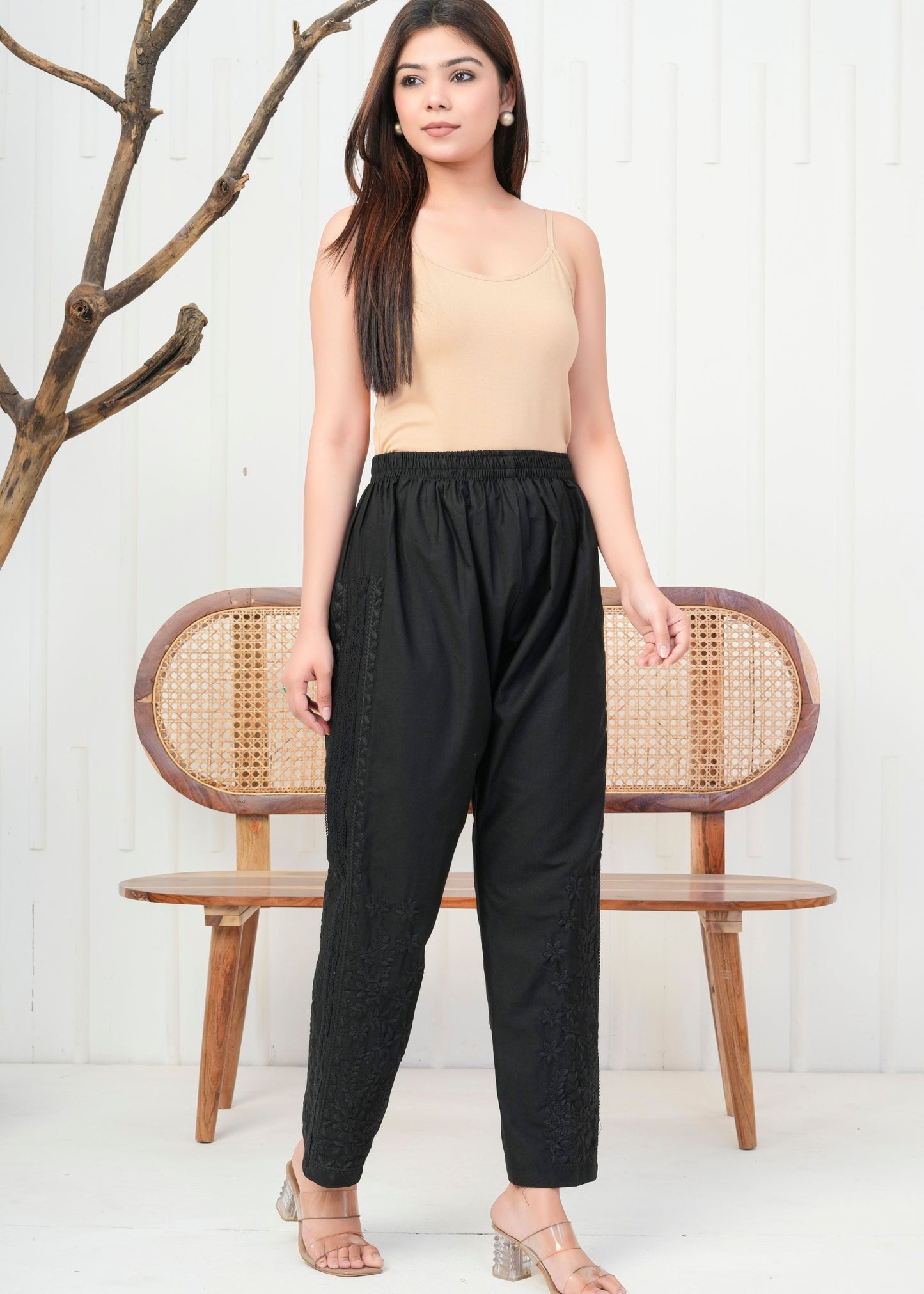 Black Embroidered Straight Pant