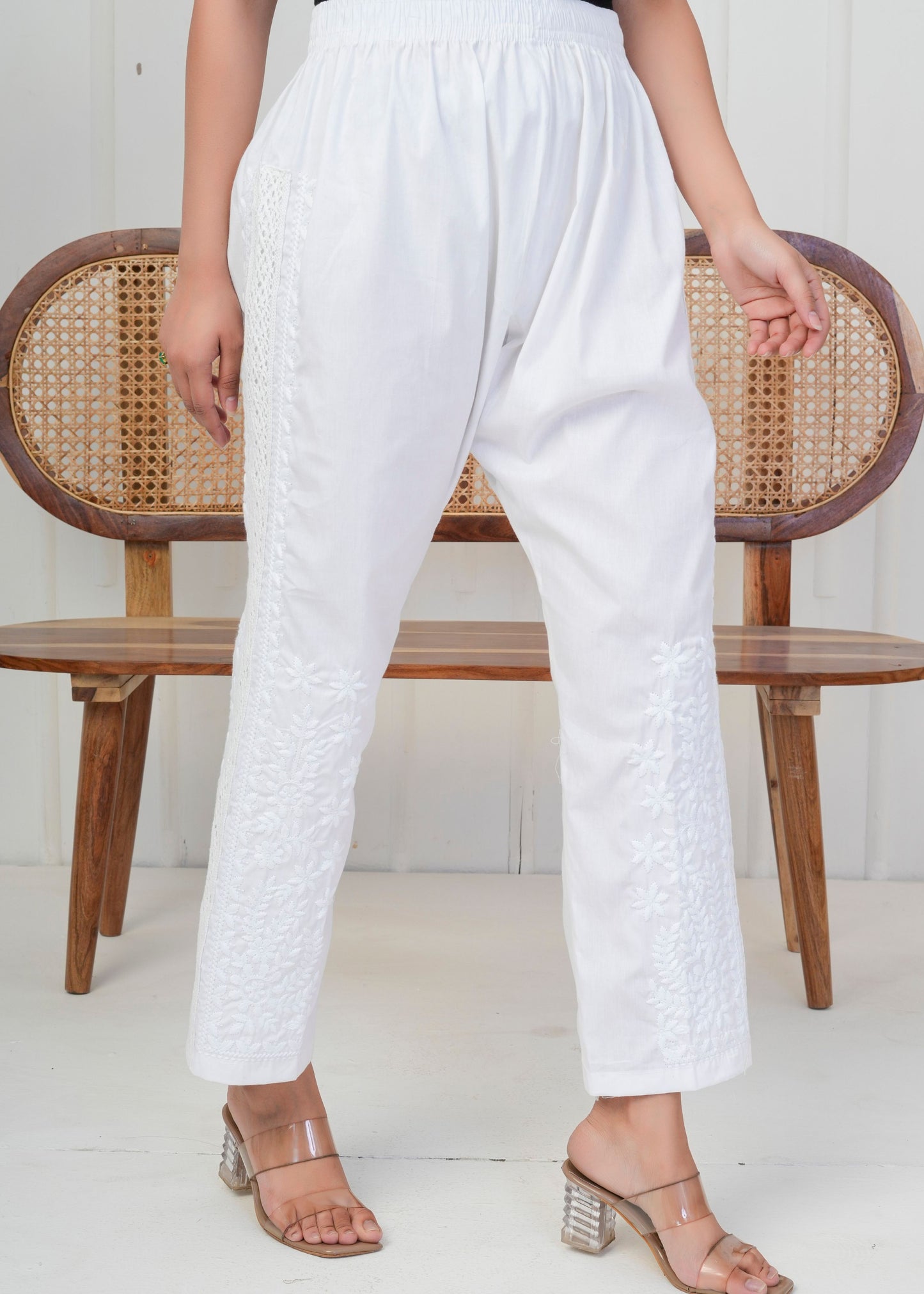 White Embroidered Straight Pant