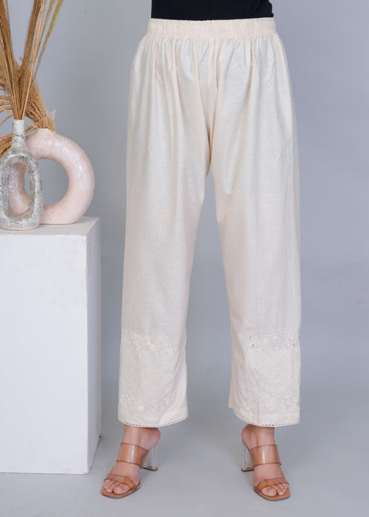 Wide Leg Embroidery Beige Pant