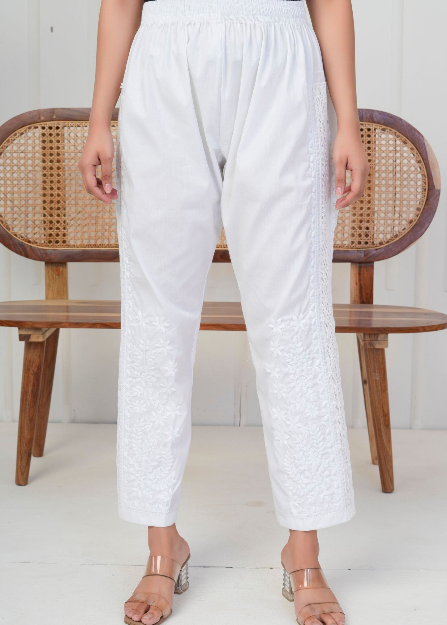 White Embroidered Straight Pant