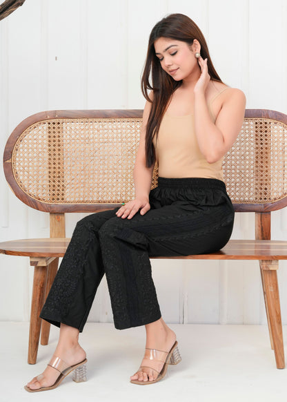 Black Embroidered Straight Pant