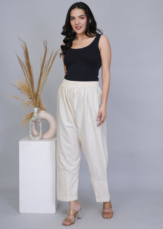 Wide Leg Embroidery Beige Pant