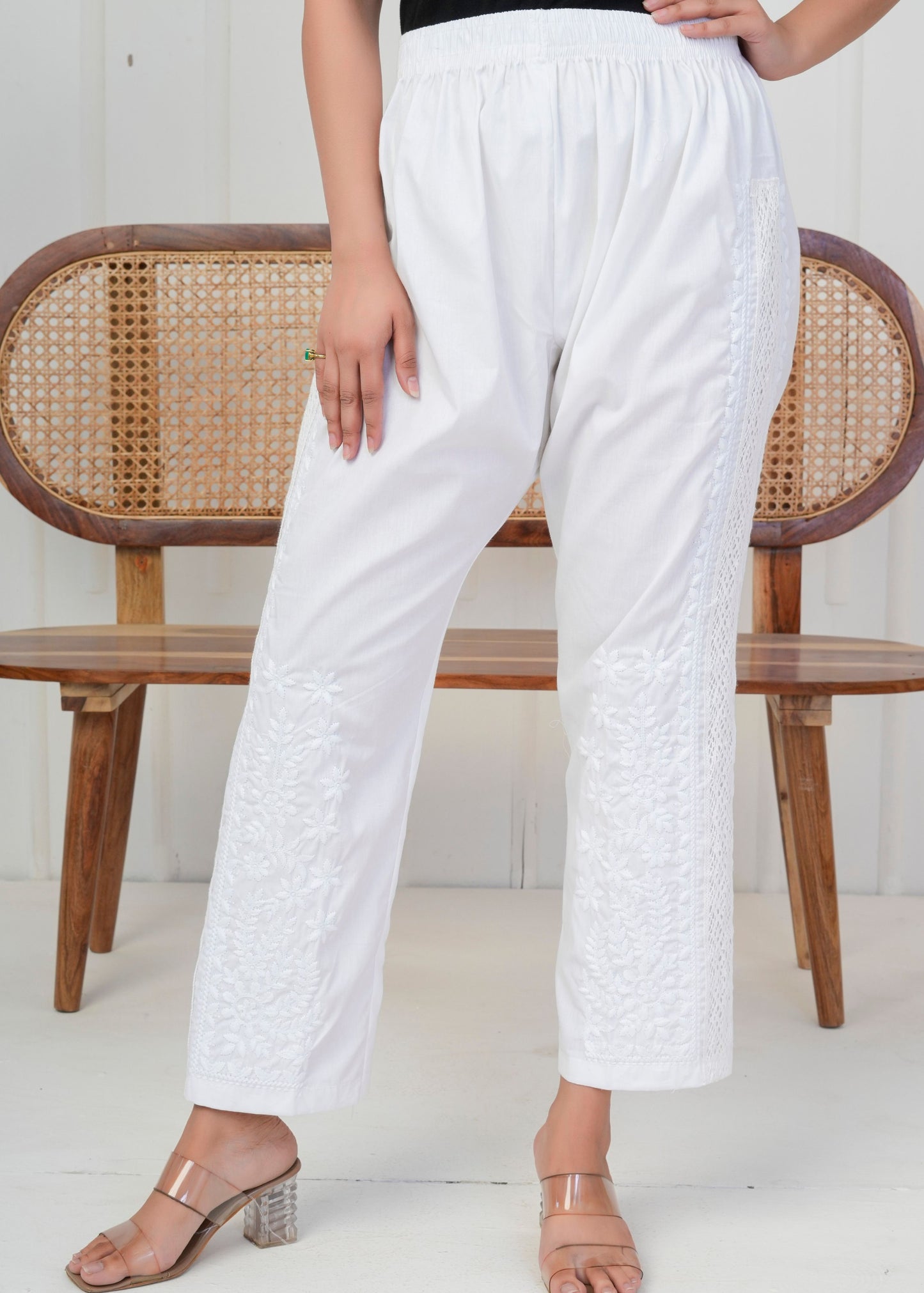White Embroidered Straight Pant