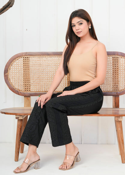 Black Embroidered Straight Pant