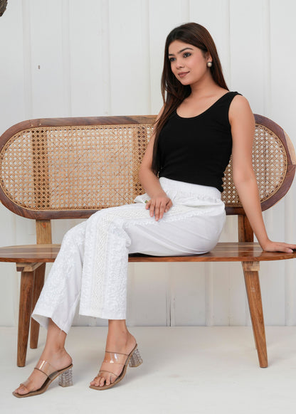 White Embroidered Straight Pant