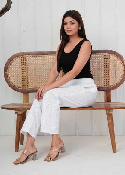 White Embroidered Straight Pant