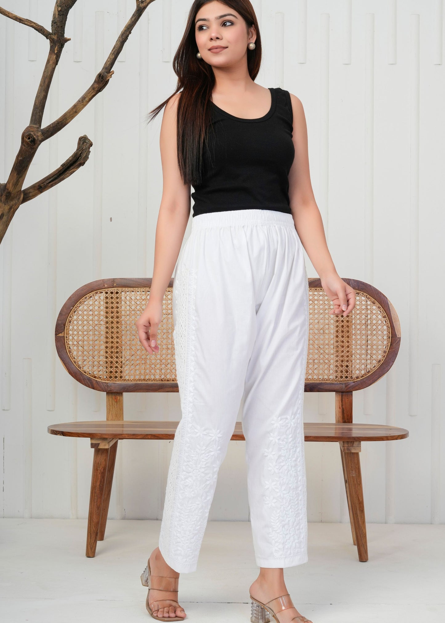 White Embroidered Straight Pant