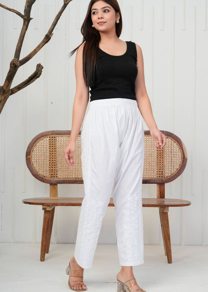 White Embroidered Straight Pant
