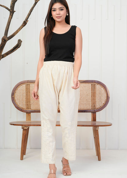 Elegant Cream Embroidered Pant
