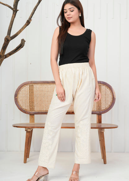 Elegant Cream Embroidered Pant