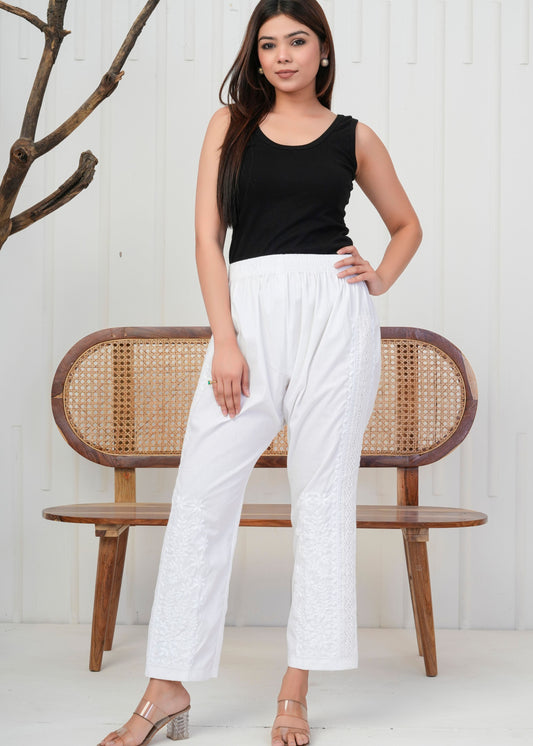 White Embroidered Straight Pant