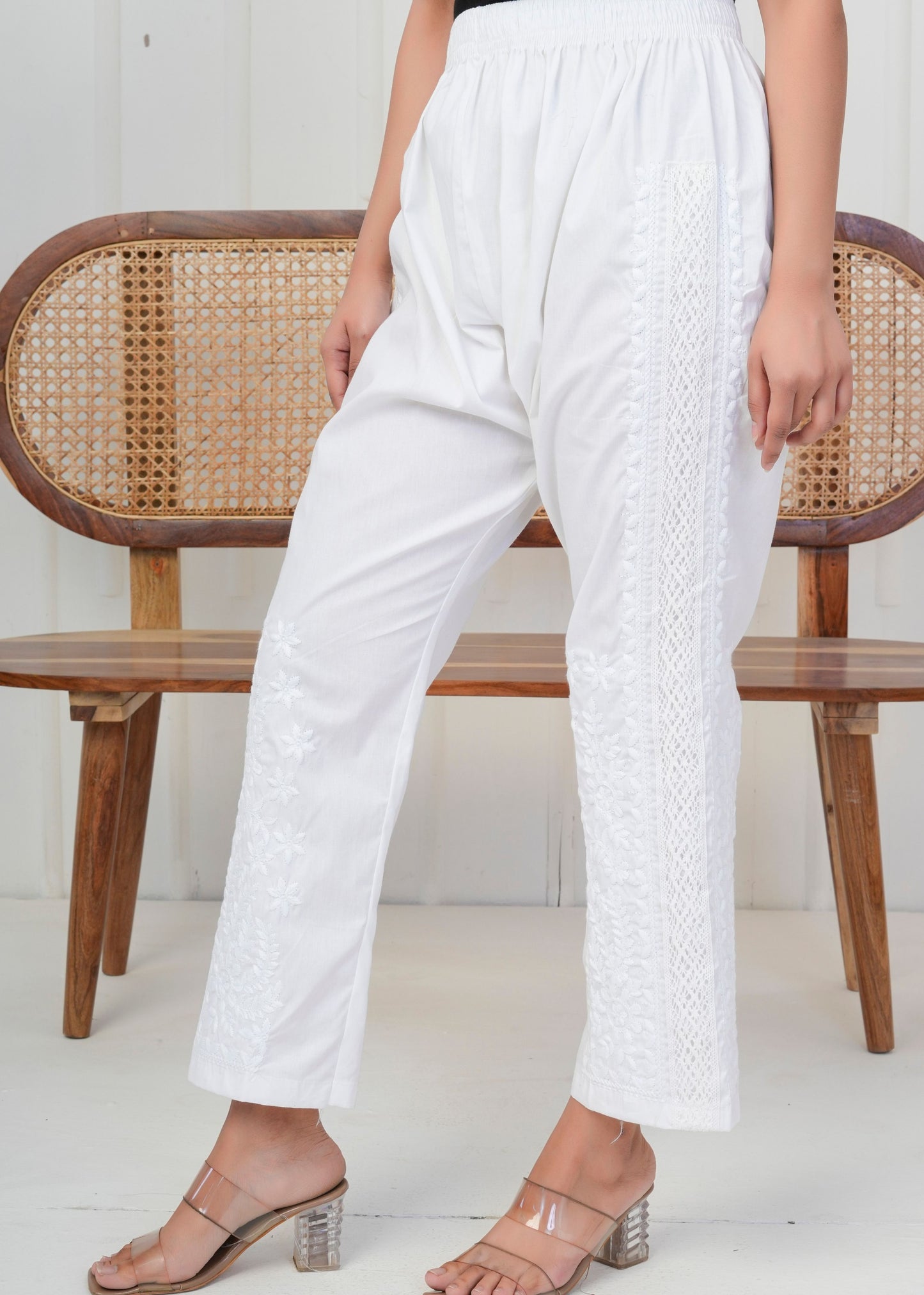 White Embroidered Straight Pant