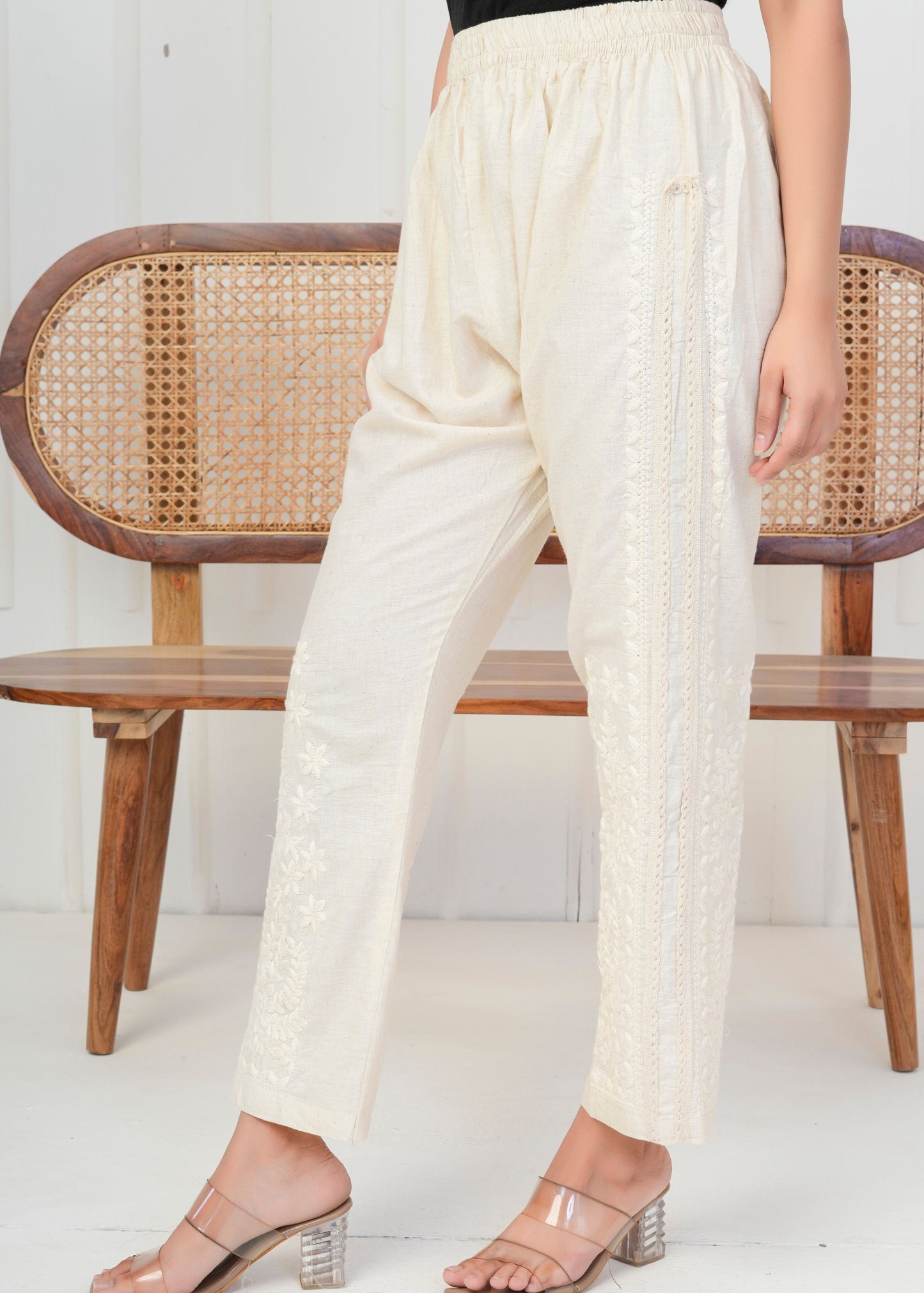 Elegant Cream Embroidered Pant