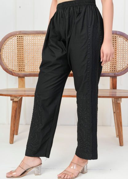 Black Embroidered Straight Pant