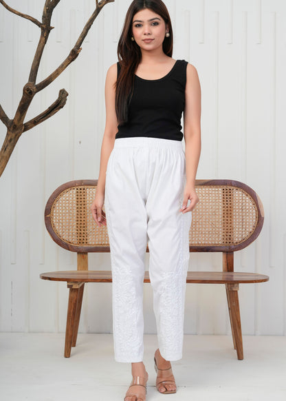 White Embroidered Straight Pant