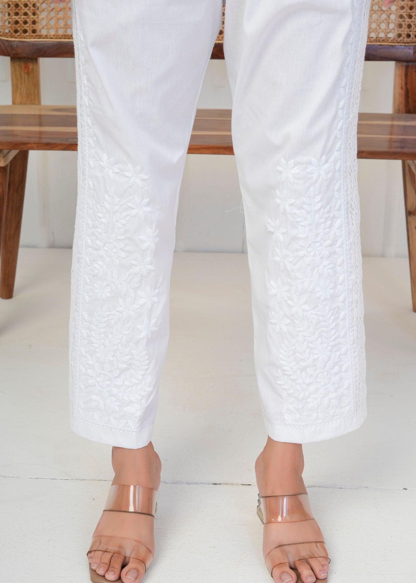 White Embroidered Straight Pant