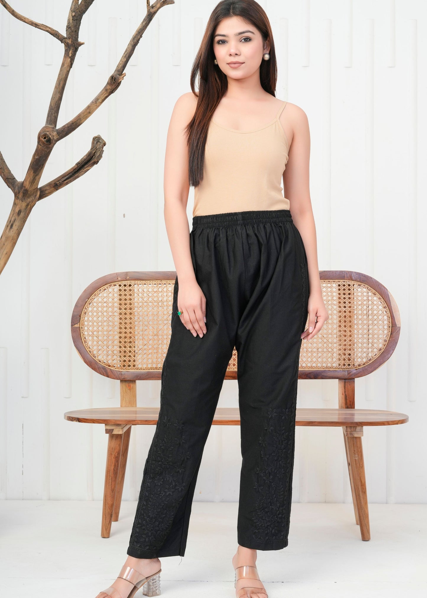 Black Embroidered Straight Pant