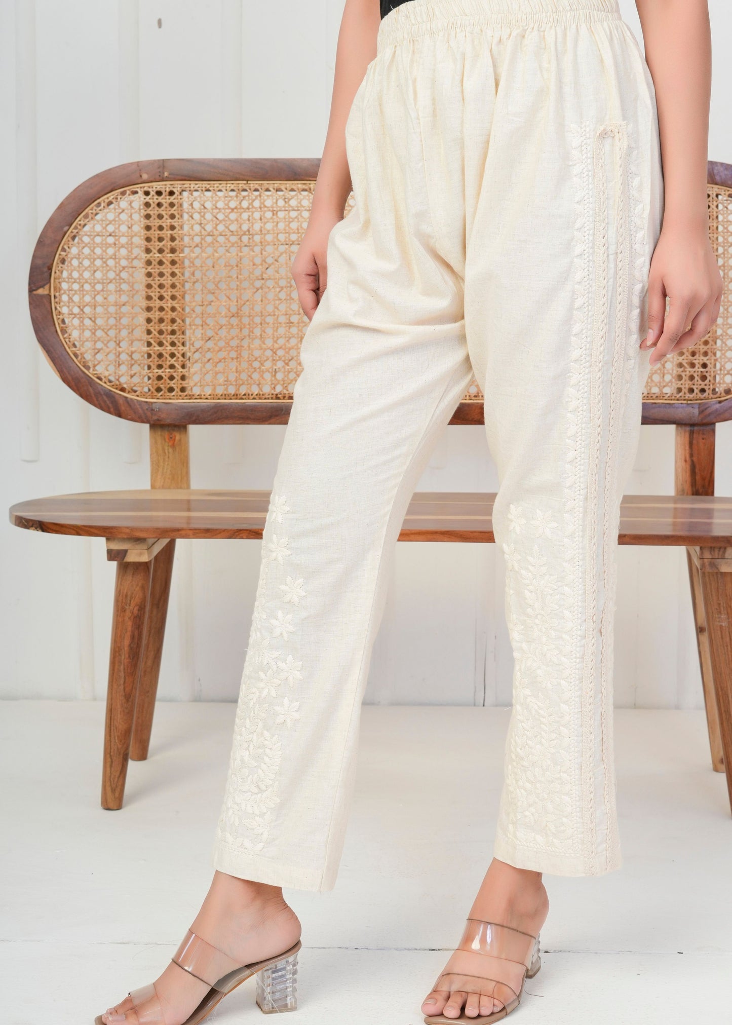 Elegant Cream Embroidered Pant