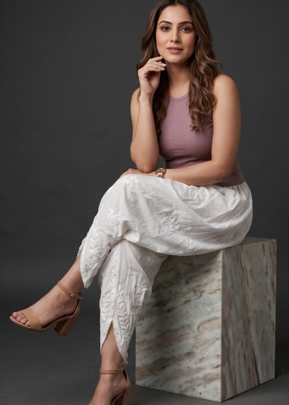 Embroidery  White Tulip Pant