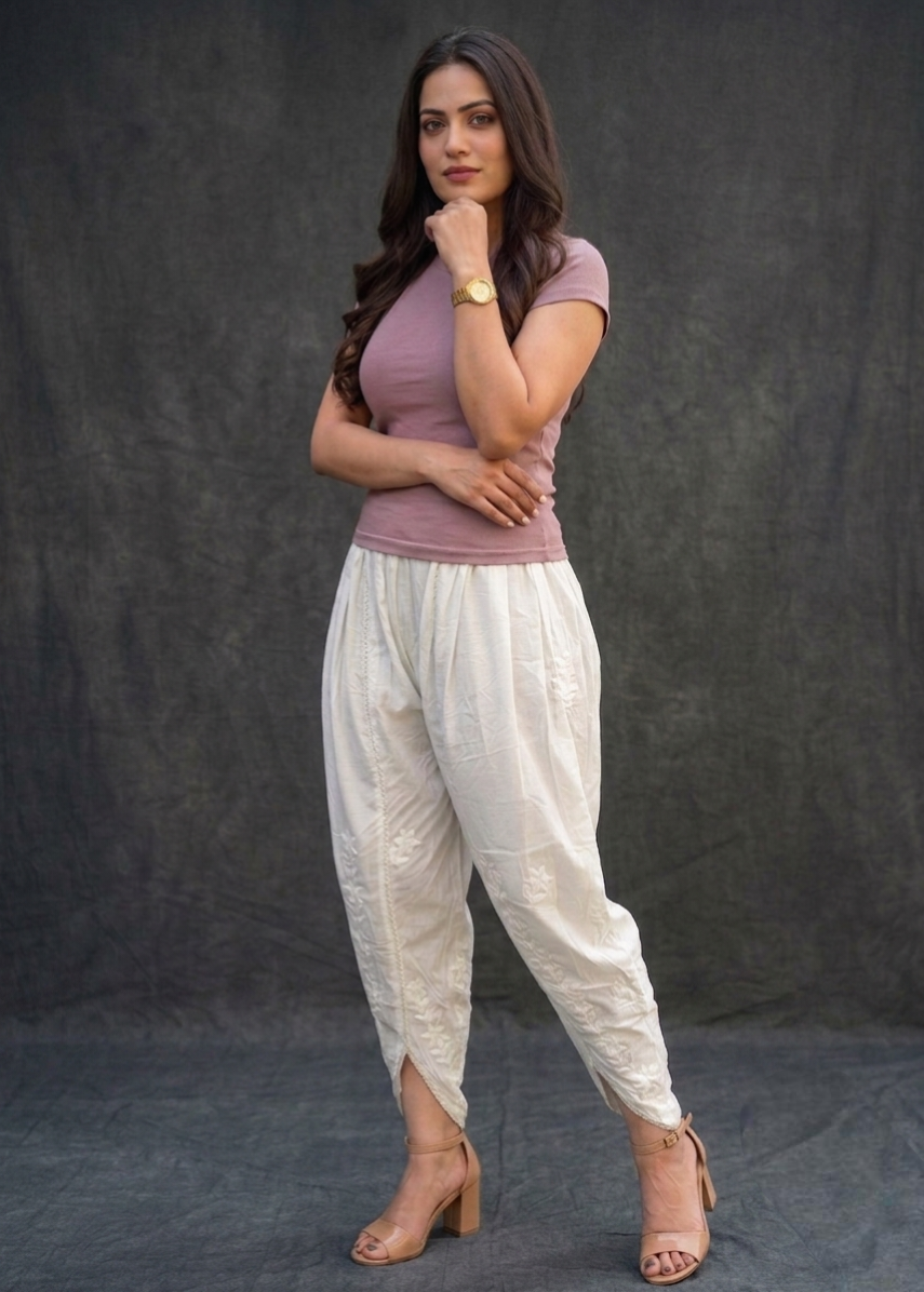 Embroidery  White Tulip Pant