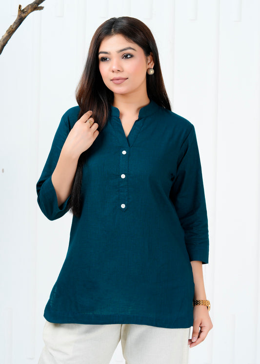 Cotton Linen Teal Blue Short Kurti