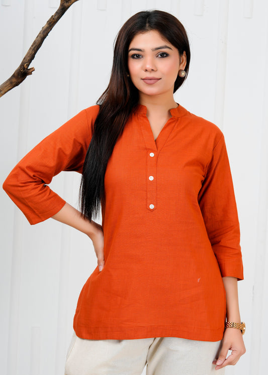 Cotton Linen Rust Short Kurti