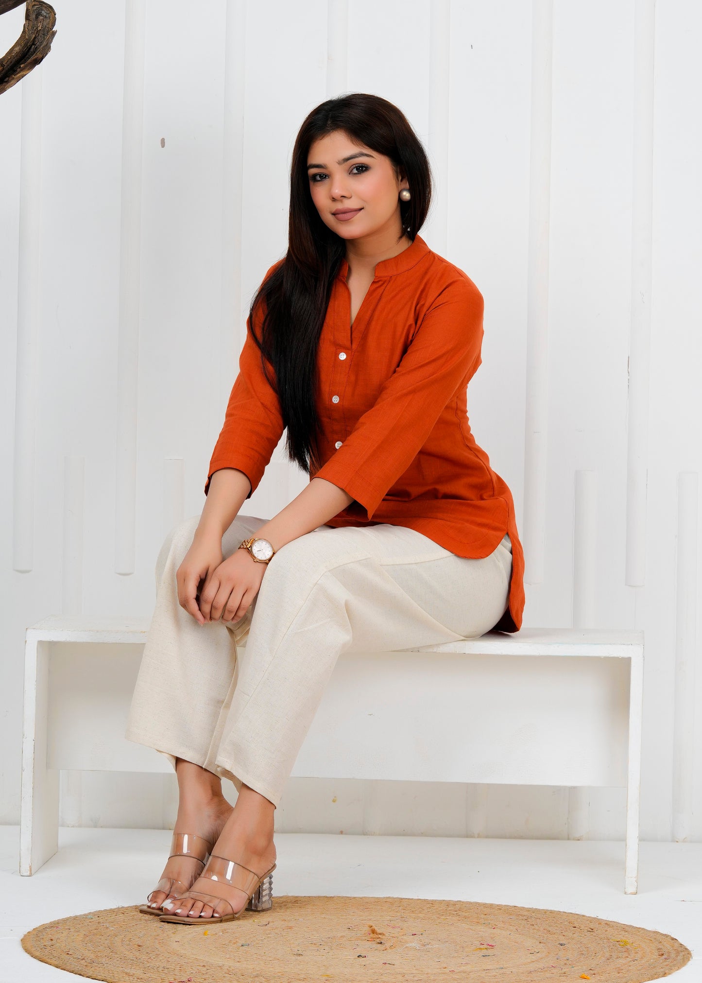Cotton Linen Rust Short Kurti