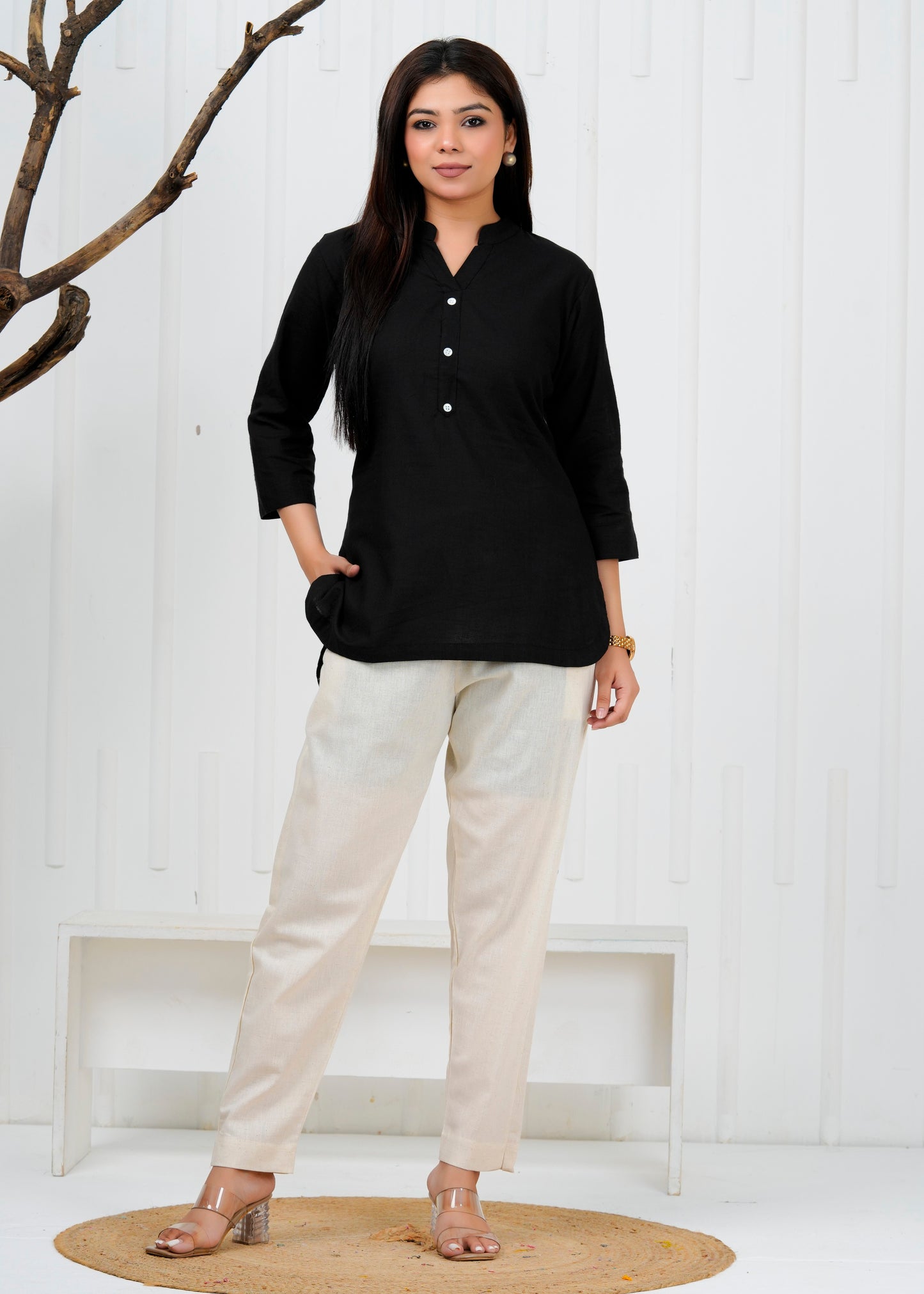 Cotton Linen Black Short Kurti
