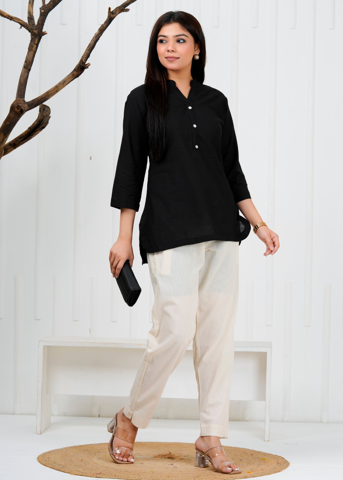 Cotton Linen Black Short Kurti